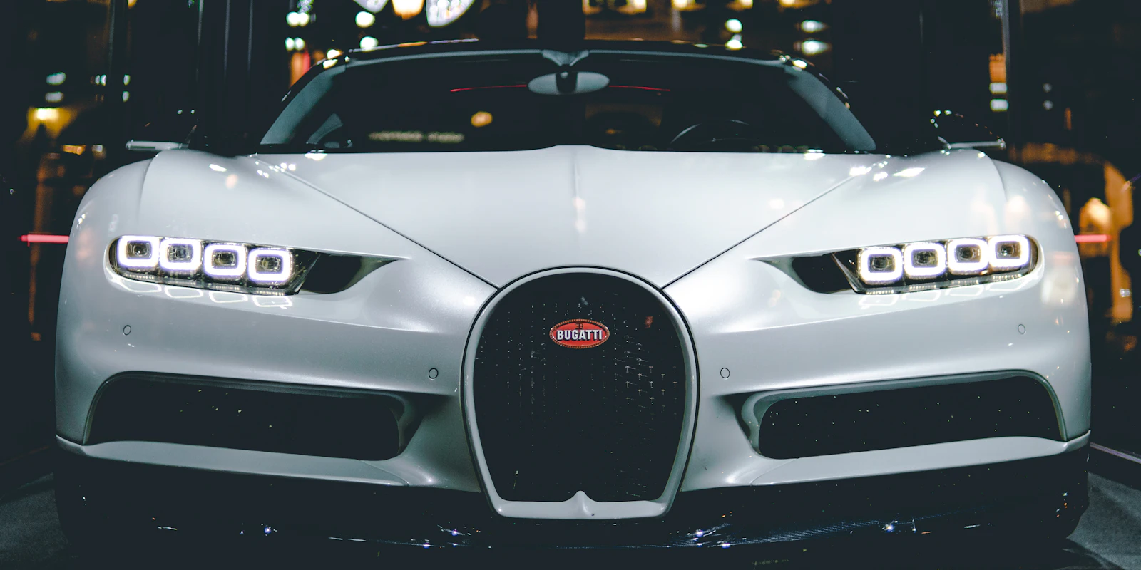 Silver Bugatti Chiron, front view